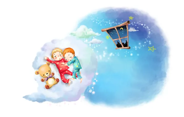 Picture clouds, childhood, figure, sleep, stars, a month, window, kids