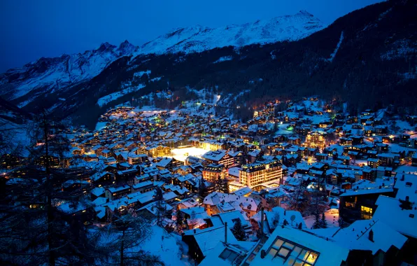 Winter, snow, trees, mountains, night, lights, home, Switzerland