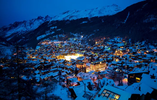 Picture winter, snow, trees, mountains, night, lights, home, Switzerland