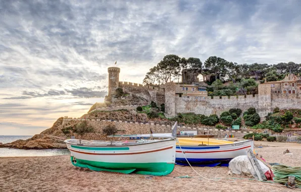 Wall, boat, tower, Spain, Tossa de Mar