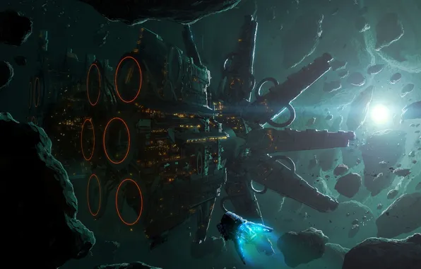 Space, stars, ship, station, art, meteorites