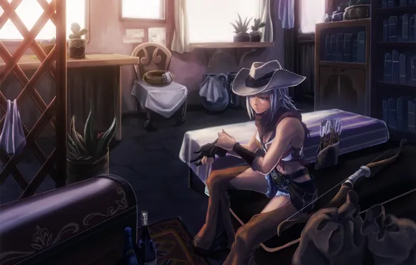 Picture girl, weapons, room, bow, art, bottle, cowboy, chest