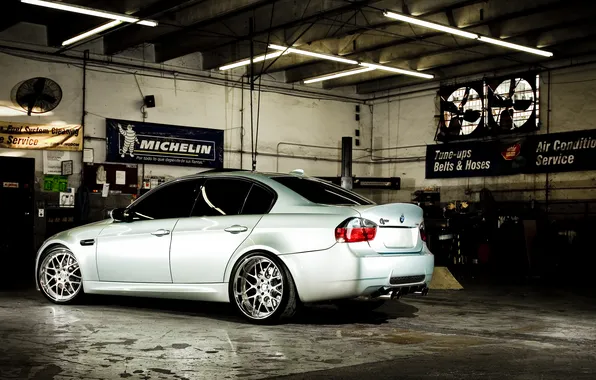BMW, silver, BMW, banner, workshop, the rear part, E90, silvery