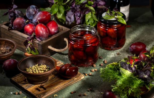 Leaves, table, banks, plum