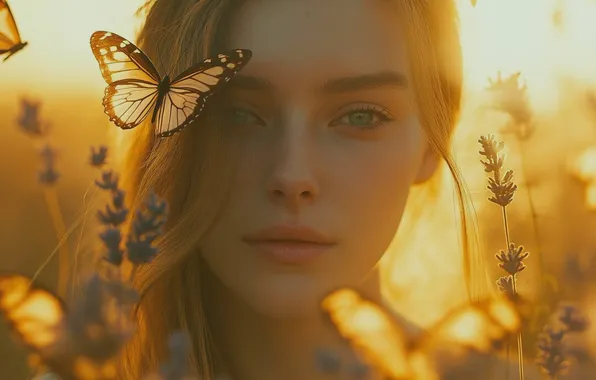 Look, girl, butterfly, sunrise, morning, lavender, full face, digital art