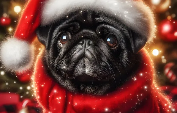 Dog, scarf, Christmas, pug, puppy, New year, bokeh, Christmas tree