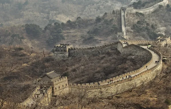 Trees, mountains, tower, China, the great wall of China