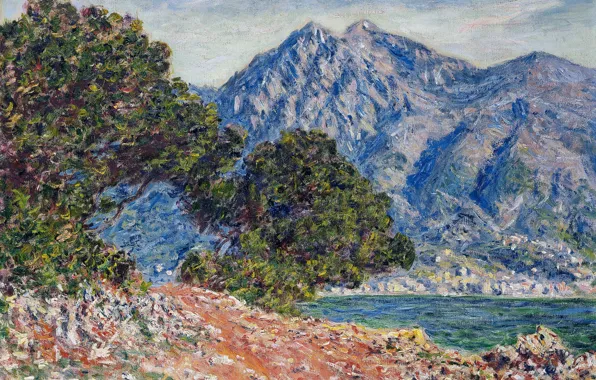Sea, trees, landscape, mountains, picture, Claude Monet, Cape Martin