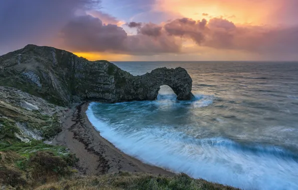 Sea, wave, beach, the sky, grass, clouds, sunset, rock
