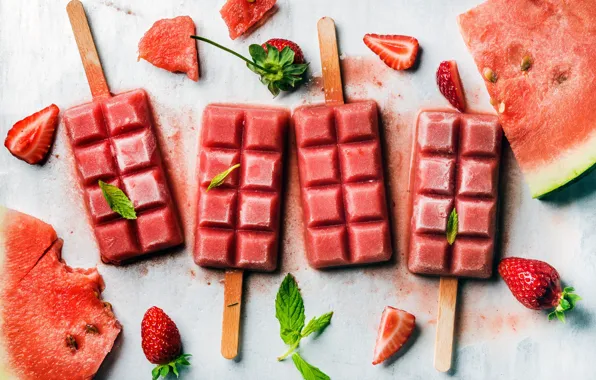 Ice, watermelon, strawberry, ice cream, sweet, ice cream
