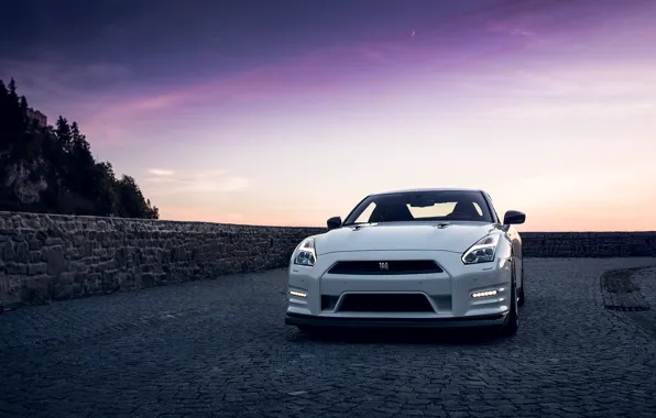 Picture Mountain, Lights, Nigth, GTR, White, Nissan, Front, Sky