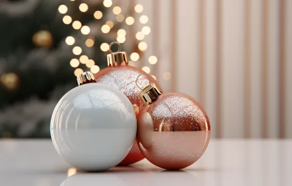 White, balls, lights, Shine, ball, Christmas, New year, trio