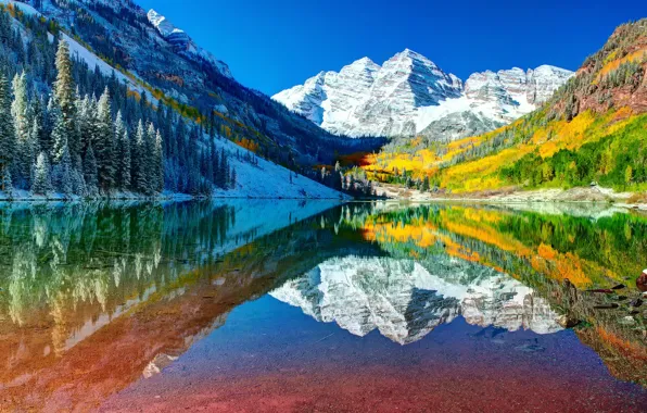 Autumn, forest, the sky, water, snow, reflection, mountains, lake