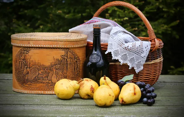Greens, table, wine, basket, bottle, garden, grapes, pear