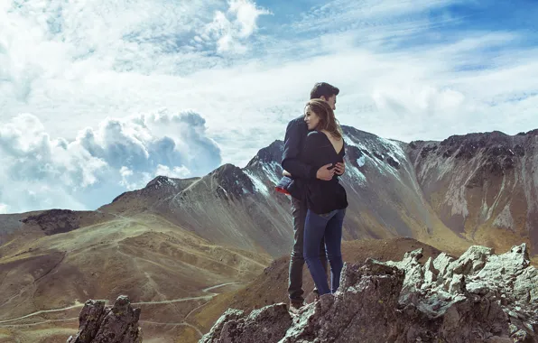 Picture girl, mountains, nature, hugs, pair, guy, lovers, are