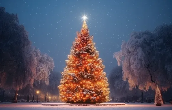 Winter, snow, decoration, night, lights, Park, tree, New Year