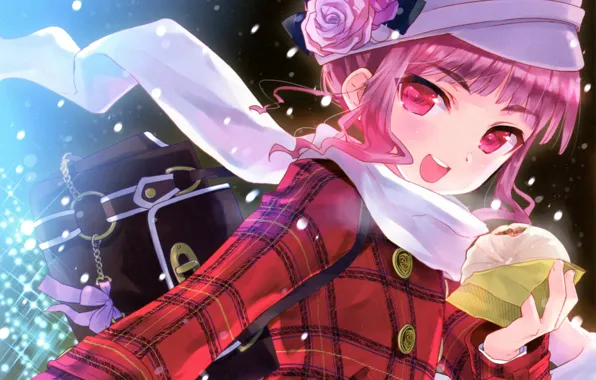 Snow, smile, hat, the evening, scarf, schoolgirl, bag, red eyes