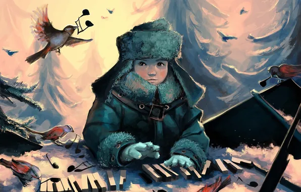 Winter, forest, look, birds, notes, boy, keys, art