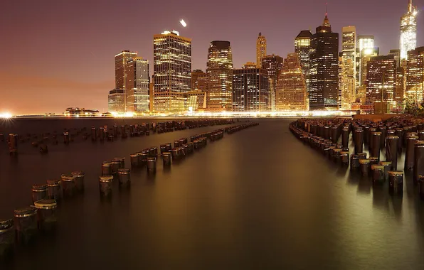 Night, the city, lights, river, building, home, New York, skyscrapers
