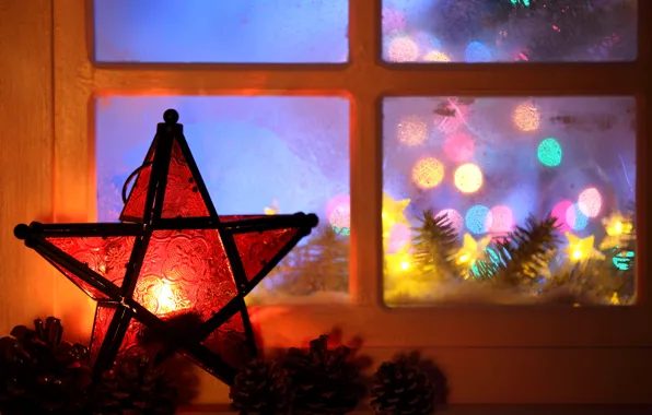 Picture lights, star, tree, candle, window, New year, garland, Christmas