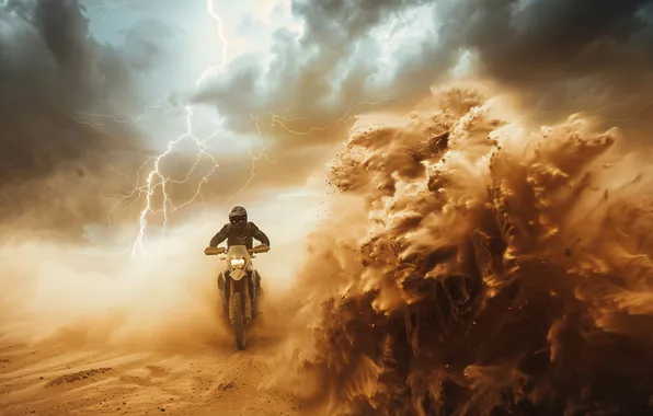 Sand, Lightning, Desert, Clouds, Motorcycle, Male, Dakar, Digital art