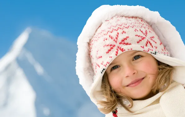 Picture winter, look, smile, hat, scarf, hood, girl, blush