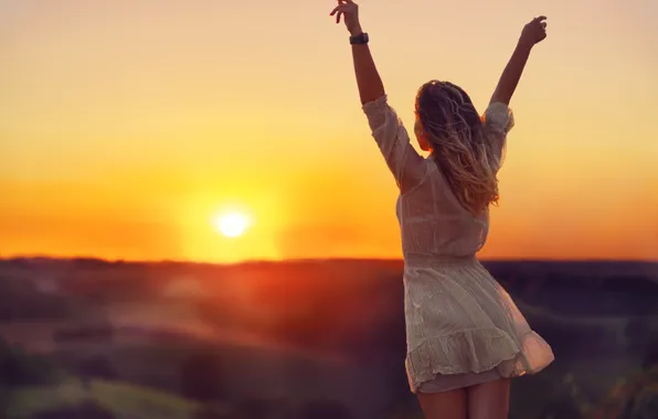 Picture girl, sunset, nature, back, is, hands up