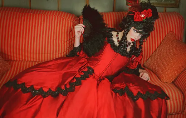 Look, girl, red, pose, style, background, room, sofa