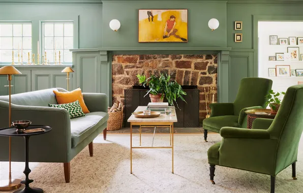 Design, style, room, fireplace, living room, upholstered furniture, green color in the interior