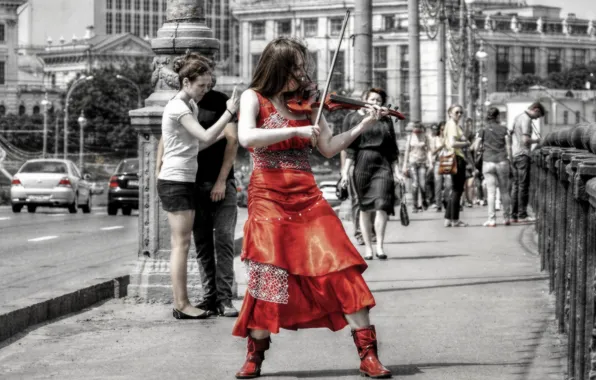 The city, music, street, woman, violin