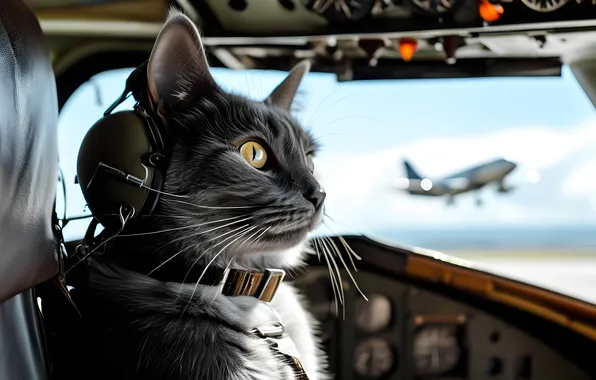 Cat, pilot, the plane, pilot, Boeing, the cockpit