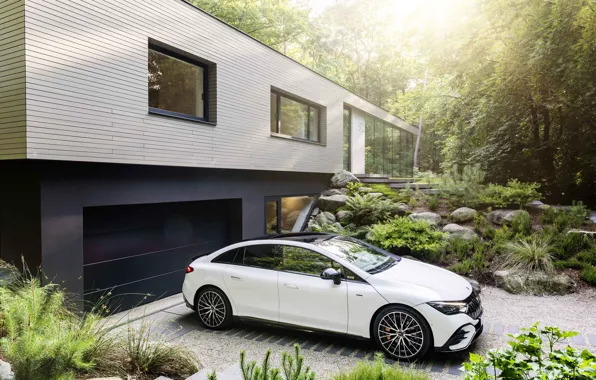 Picture Mercedes-Benz, White, Trees, House, Sedan, Electric sedan, Mercedes-AMG EQE 53 4MATIC, Electric sedan