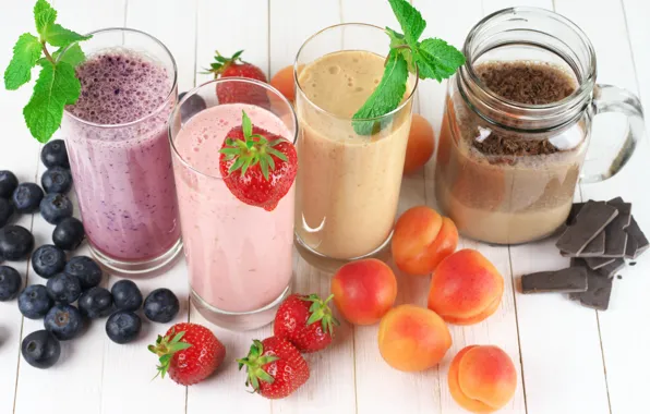 Picture chocolate, blueberries, strawberry, cocktail, mint, apricots, milk
