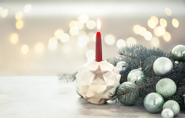 Balls, branches, lights, table, candle, green, Christmas, New year