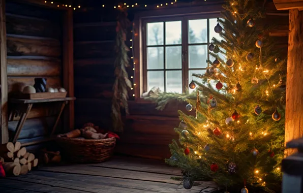 Picture balls, lights, room, basket, Board, tree, new year, home