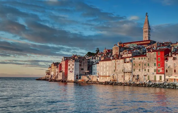 Picture city, tower, sky, sea, landscape, sunset, clouds, houses