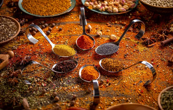Pepper, placer, a lot, different, spices, spoon, seasoning, cuts