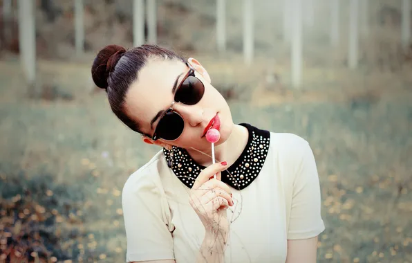 Girl, brunette, glasses, Lollipop