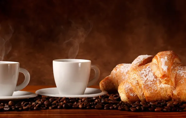 Picture coffee, coffee beans, aroma, coffee, powdered sugar, croissants, growing, aroma coffee beans