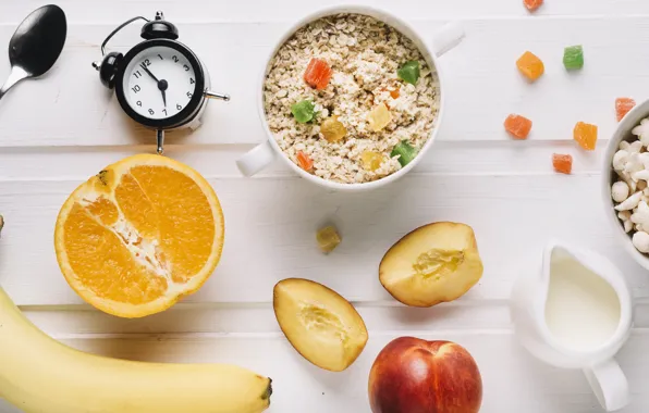 Orange, food, Breakfast, milk, banana, wood, nectarine, candied