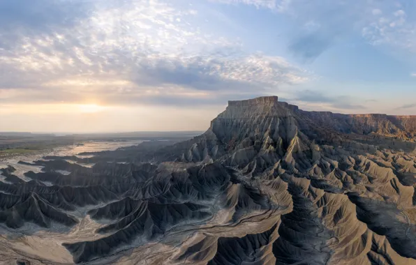 The sky, clouds, mountains, fog, rocks, dawn, blue, shore