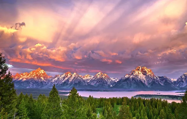 Forest, the sky, clouds, landscape, sunset, mountains, nature, lake