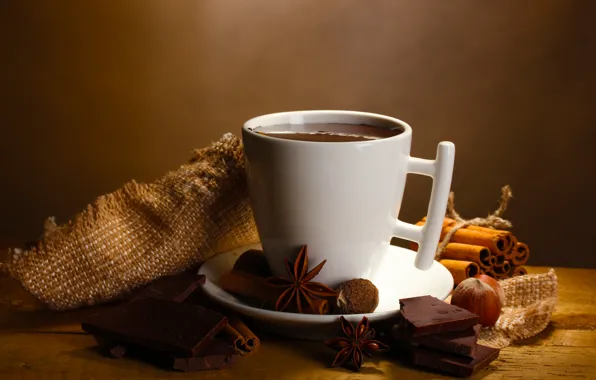 Picture hot, chocolate, drink, nuts, cinnamon, slices, spices, star anise