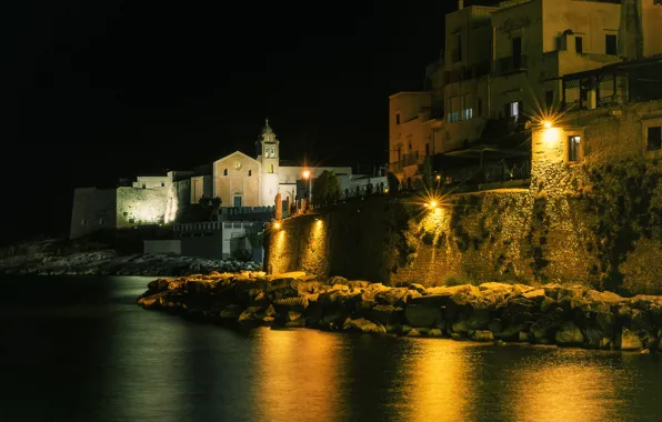 Picture sea, night, lights, stones, shore, home, lights, Italy