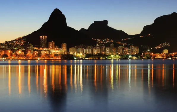 Picture sea, sunset, mountains, lights, coast, home, the evening, lights