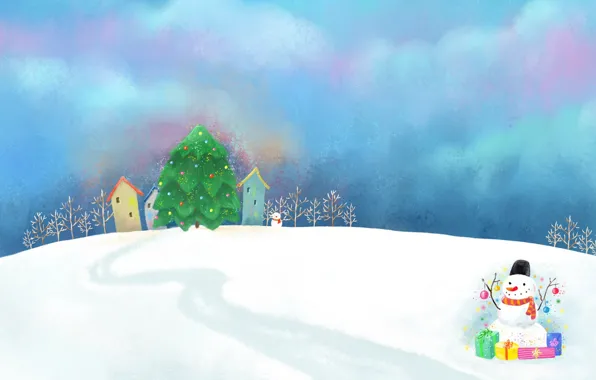 Clouds, snow, decoration, figure, the snow, gifts, houses, snowman