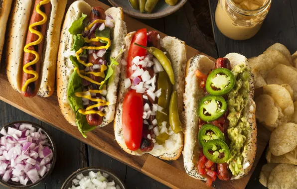 Picture sausage, bow, pepper, sandwich, filling, chips