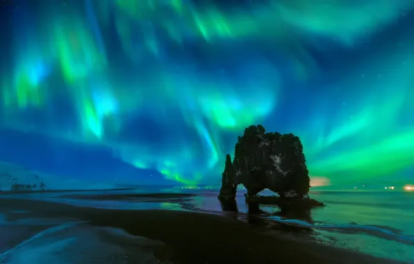 Beach, the sky, stars, night, rock, Northern lights, arch