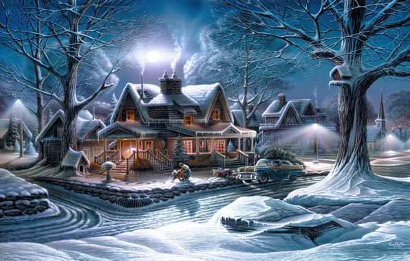 Winter, machine, snow, trees, holiday, the moon, street, tree