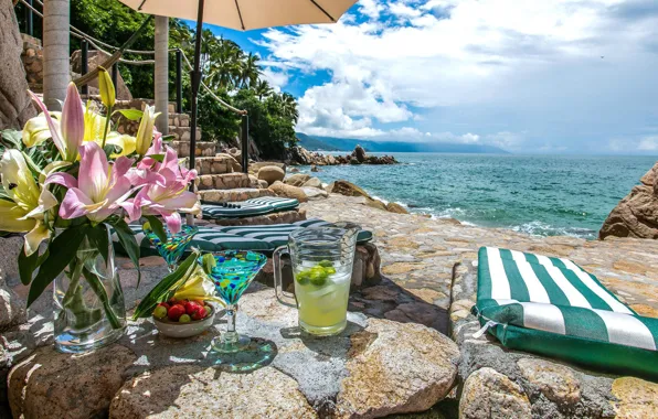 Sea, beach, flowers, stones, palm trees, Villa, drinks, terrace